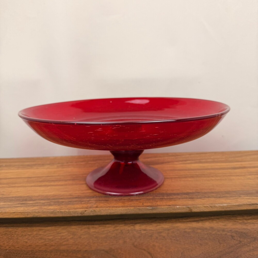 Vintage Ruby Red Glass Pedestal Bowl Decorative Serving Dish